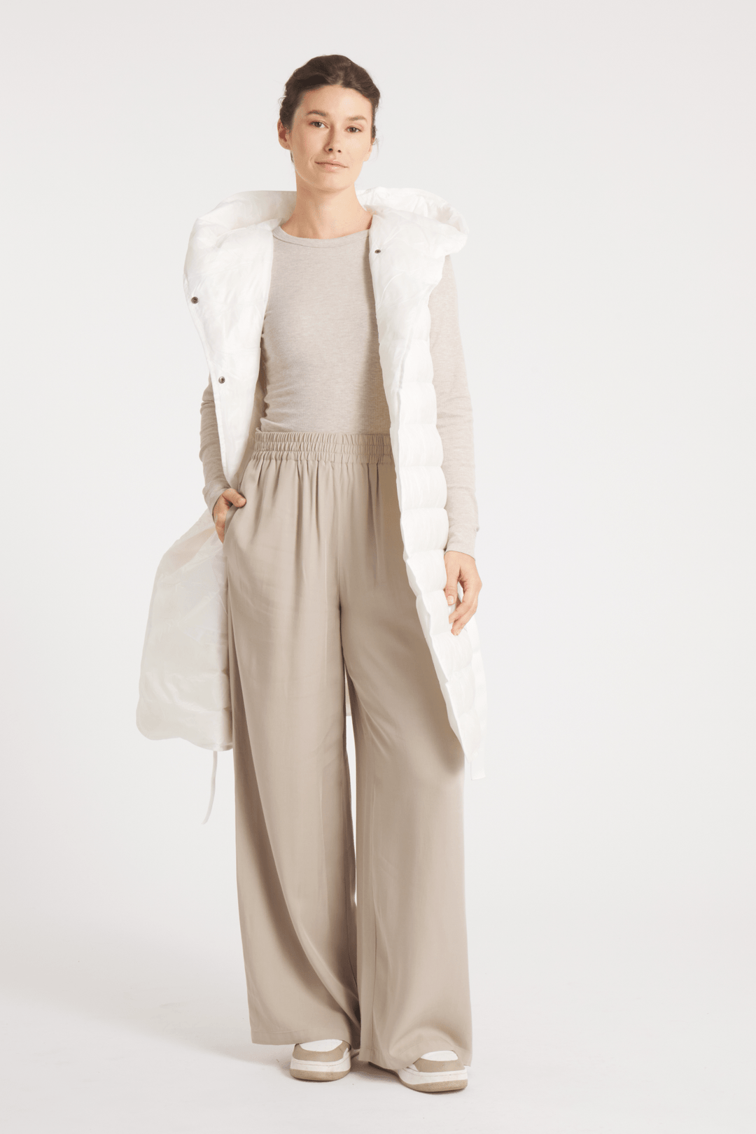 The Camden | Long Hooded Down Vest | Ivory - Cotes of London