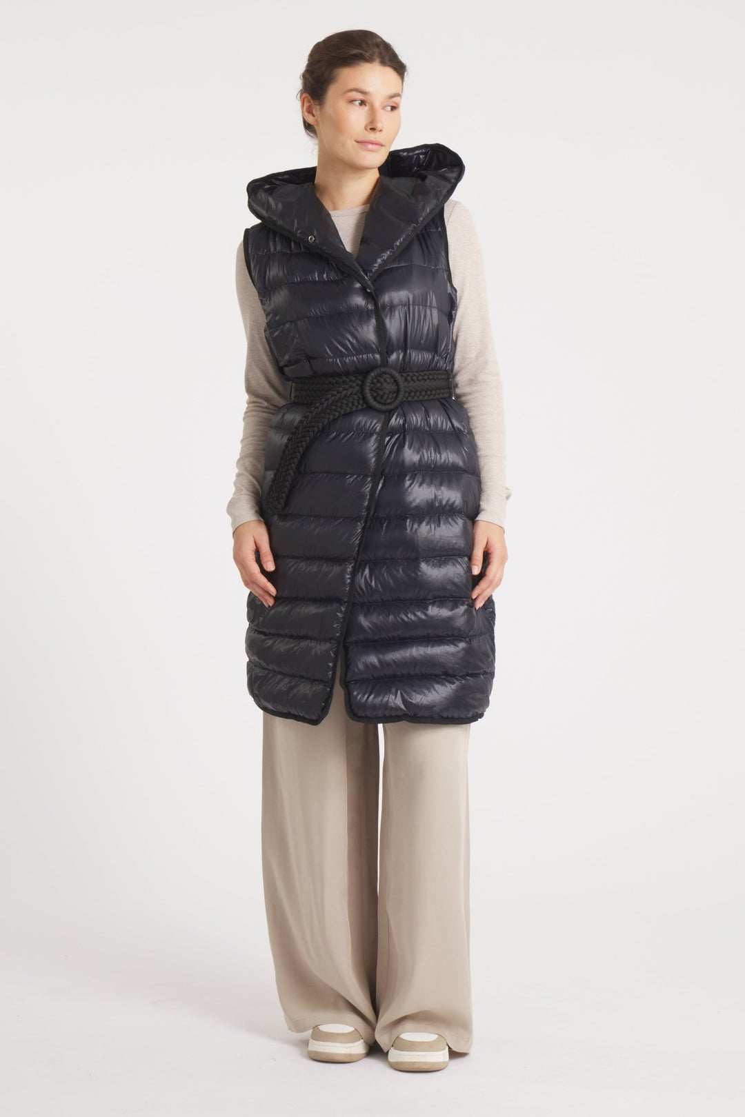 The Camden | Long Hooded Down Vest | Midnight Black - Cotes of London